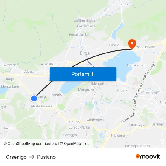 Orsenigo to Pusiano map