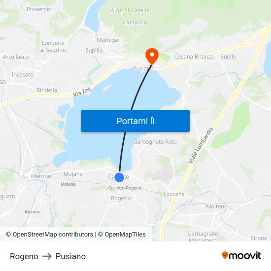 Rogeno to Pusiano map
