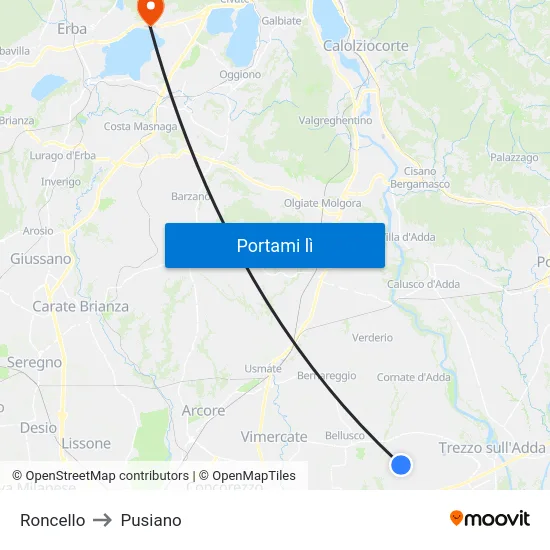 Roncello to Pusiano map