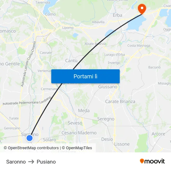 Saronno to Pusiano map