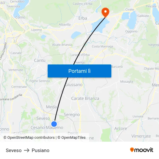 Seveso to Pusiano map