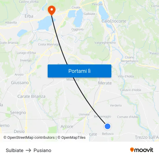 Sulbiate to Pusiano map