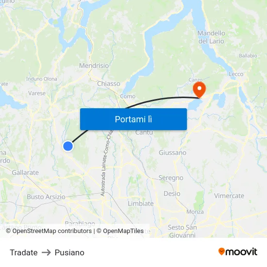 Tradate to Pusiano map