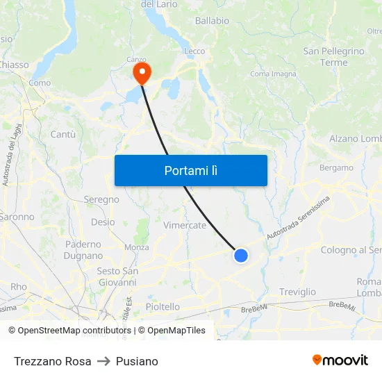 Trezzano Rosa to Pusiano map