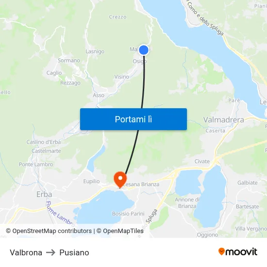 Valbrona to Pusiano map