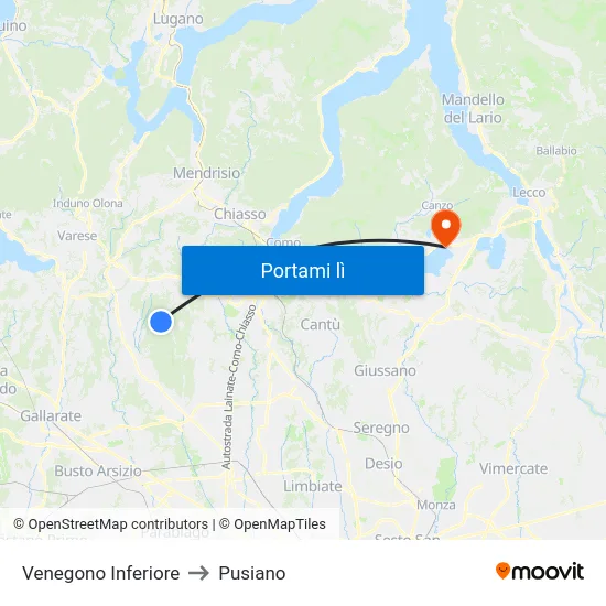 Venegono Inferiore to Pusiano map