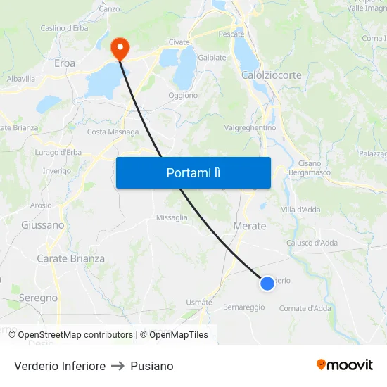 Verderio Inferiore to Pusiano map