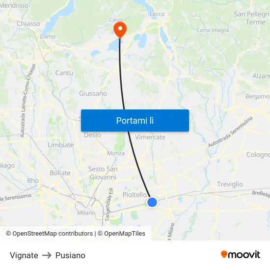 Vignate to Pusiano map