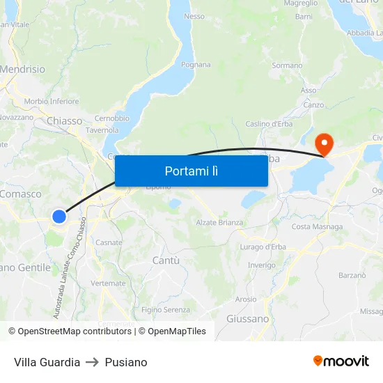 Villa Guardia to Pusiano map