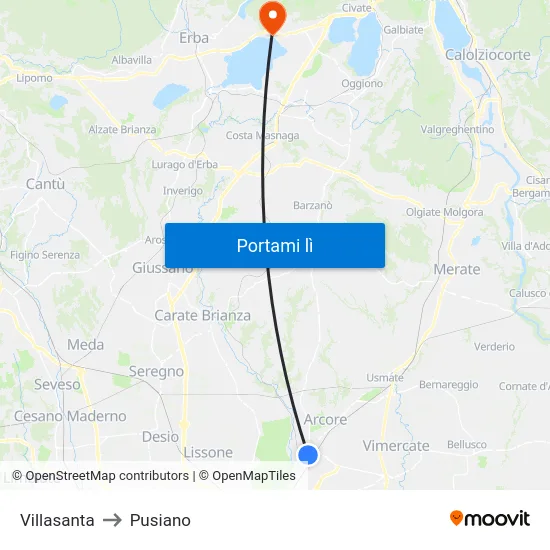 Villasanta to Pusiano map
