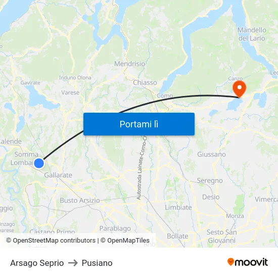 Arsago Seprio to Pusiano map