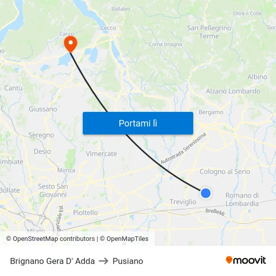 Brignano Gera D' Adda to Pusiano map