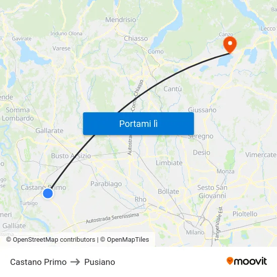 Castano Primo to Pusiano map