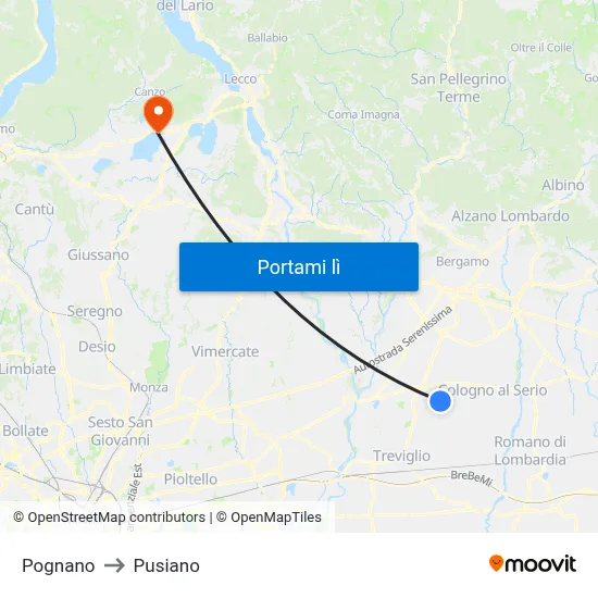 Pognano to Pusiano map