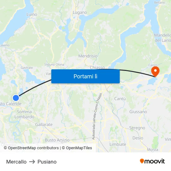 Mercallo to Pusiano map