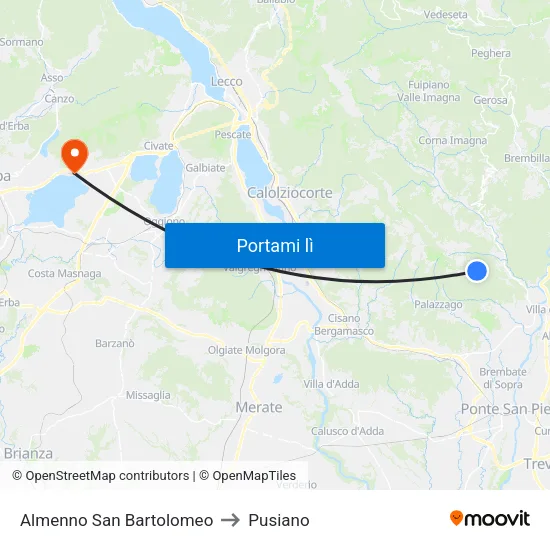 Almenno San Bartolomeo to Pusiano map