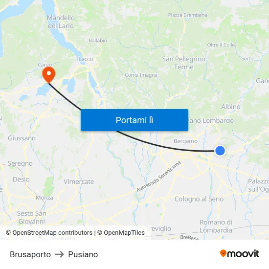 Brusaporto to Pusiano map