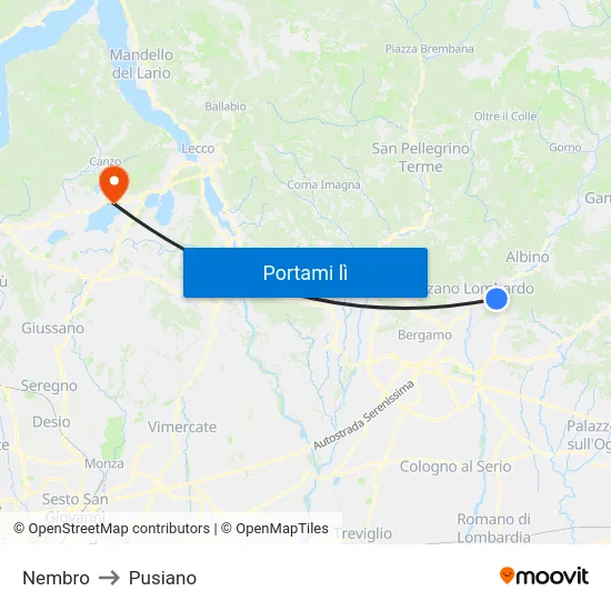 Nembro to Pusiano map