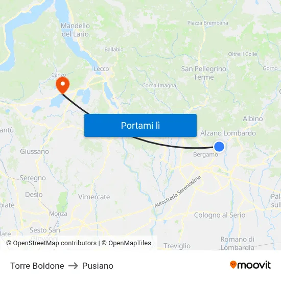 Torre Boldone to Pusiano map