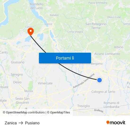Zanica to Pusiano map