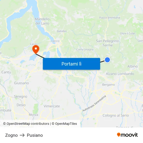 Zogno to Pusiano map