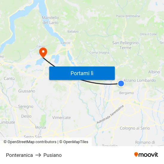 Ponteranica to Pusiano map