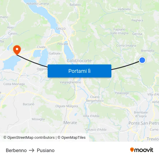 Berbenno to Pusiano map