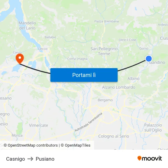 Casnigo to Pusiano map