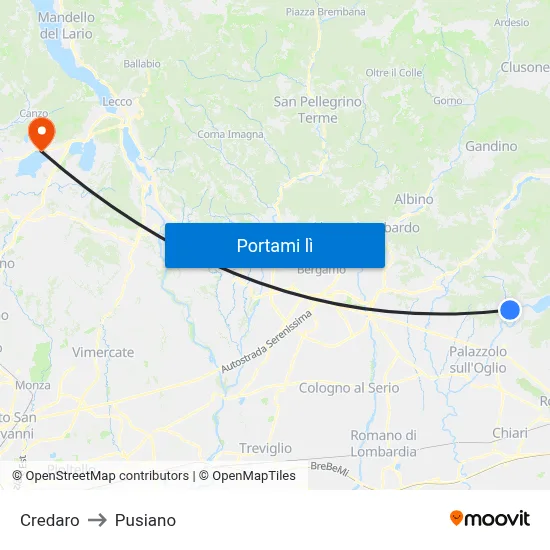 Credaro to Pusiano map