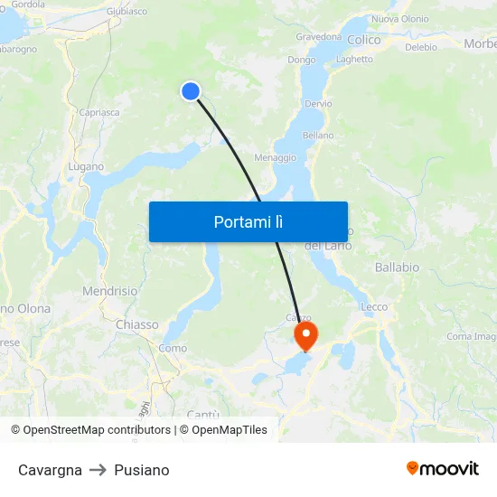 Cavargna to Pusiano map