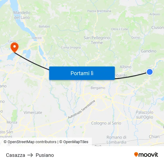 Casazza to Pusiano map