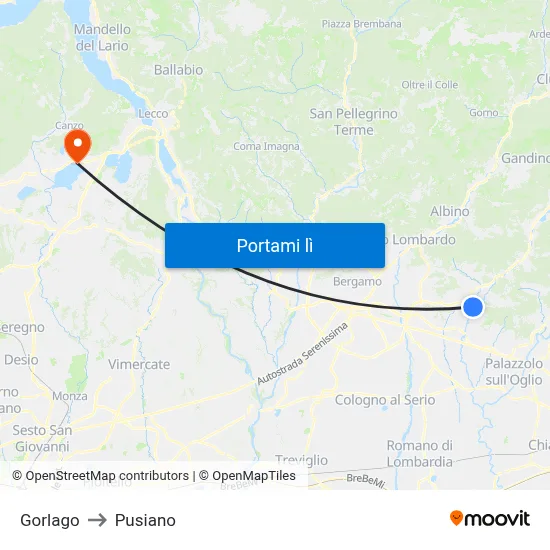 Gorlago to Pusiano map
