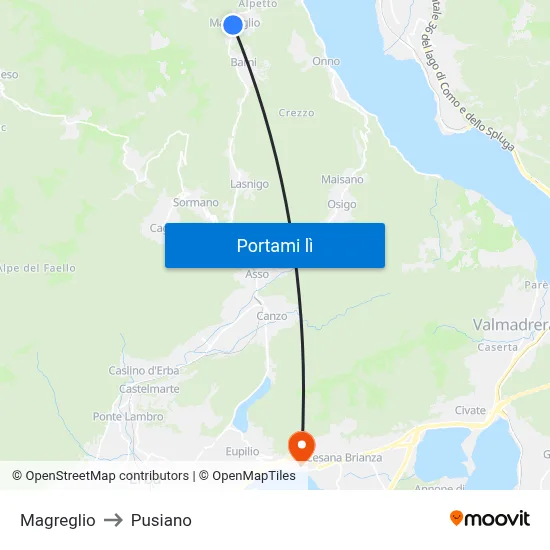 Magreglio to Pusiano map