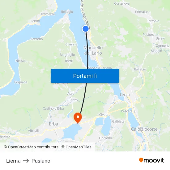 Lierna to Pusiano map