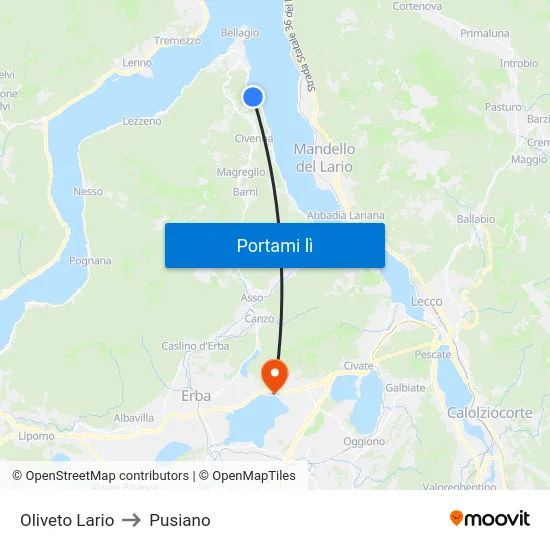 Oliveto Lario to Pusiano map