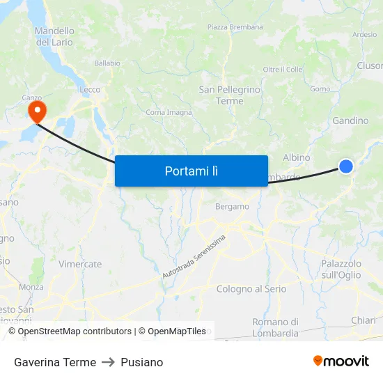 Gaverina Terme to Pusiano map