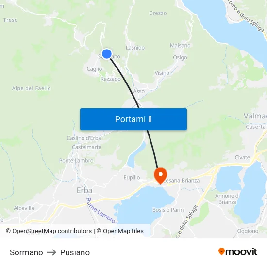 Sormano to Pusiano map