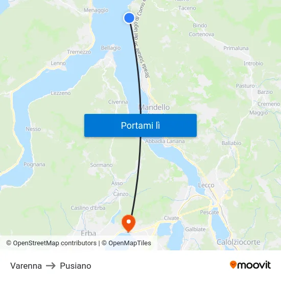 Varenna to Pusiano map