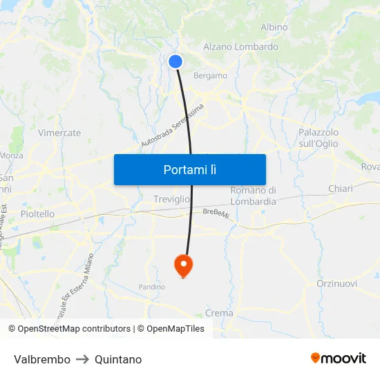 Valbrembo to Quintano map