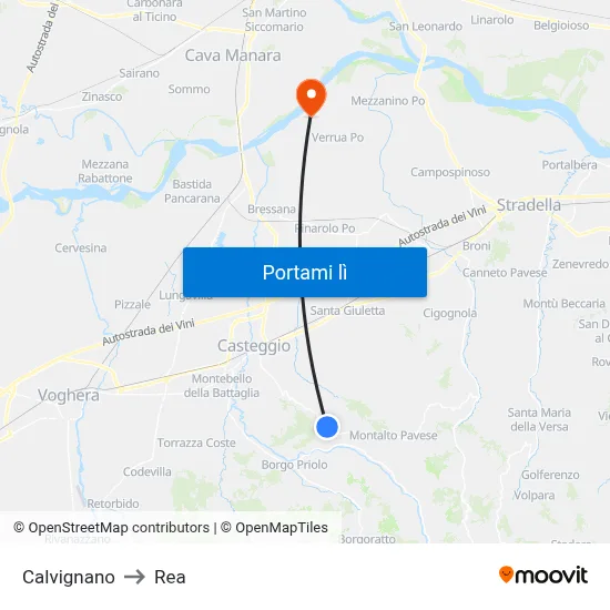 Calvignano to Rea map
