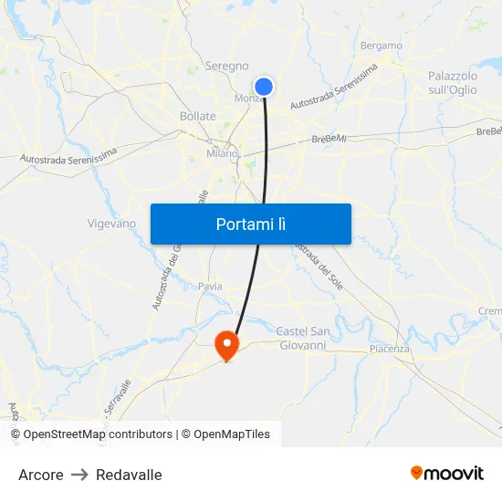 Arcore to Redavalle map