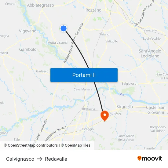 Calvignasco to Redavalle map