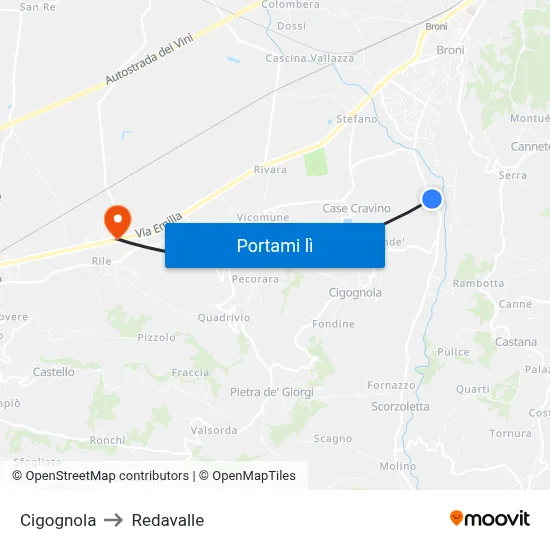Cigognola to Redavalle map