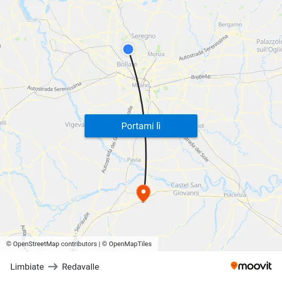 Limbiate to Redavalle map