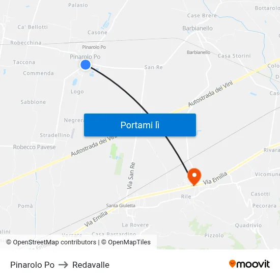 Pinarolo Po to Redavalle map