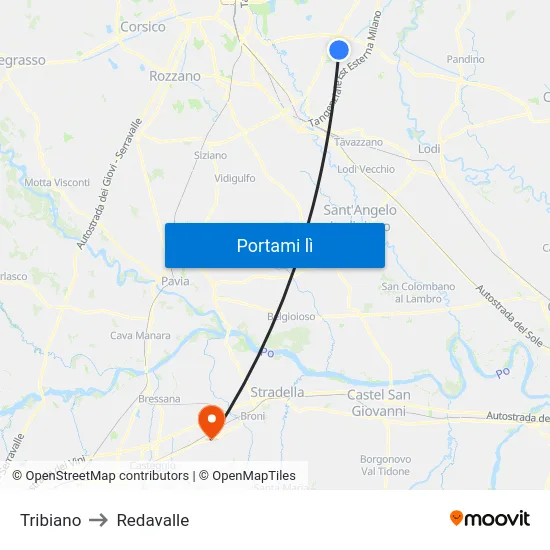 Tribiano to Redavalle map