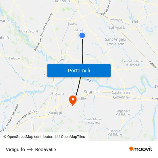 Vidigulfo to Redavalle map