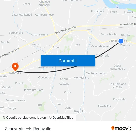Zenevredo to Redavalle map