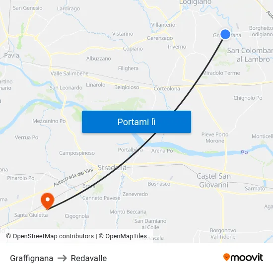 Graffignana to Redavalle map