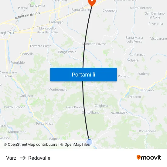 Varzi to Redavalle map